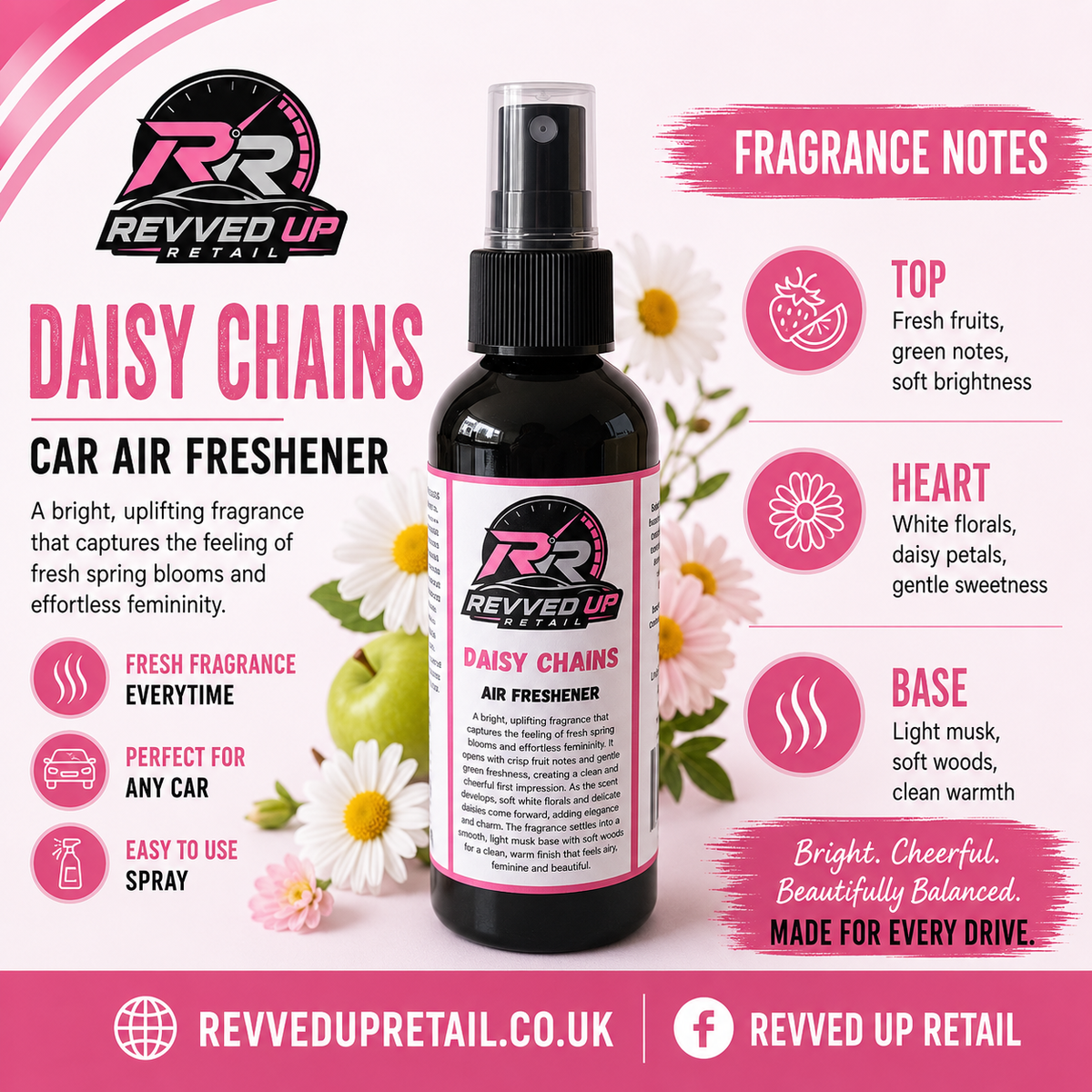 Revved Up Retail Daisy Chains Car Air Freshener in a black spray bottle with a pink and white label, set against a pink background with floral graphics and fragrance notes.