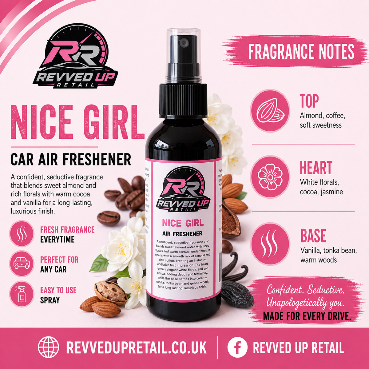 Revved Up Retail 'Nice Girl' Car Air Freshener in a dark amber spray bottle, presented on a pink and white graphic background with illustrations of almonds, white flowers, and scent notes.