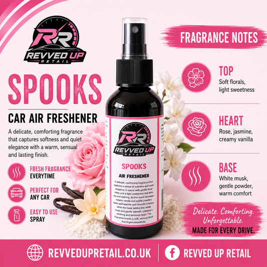 Revved Up Spooks Car Air Freshener bottle in the center of a pink and white promotional graphic. The bottle is black with a black spray top and a pink-and-white label.