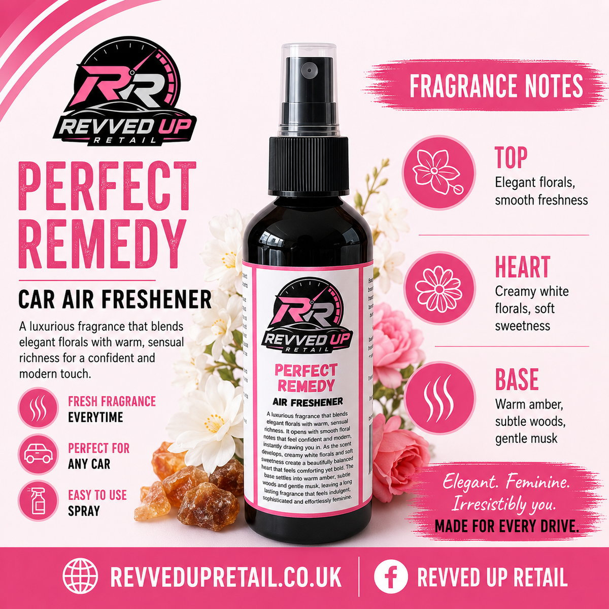 Revved Up Retail Perfect Remedy Car Air Freshener bottle in the center of a pink and white promotional graphic with fragrance notes and product details.