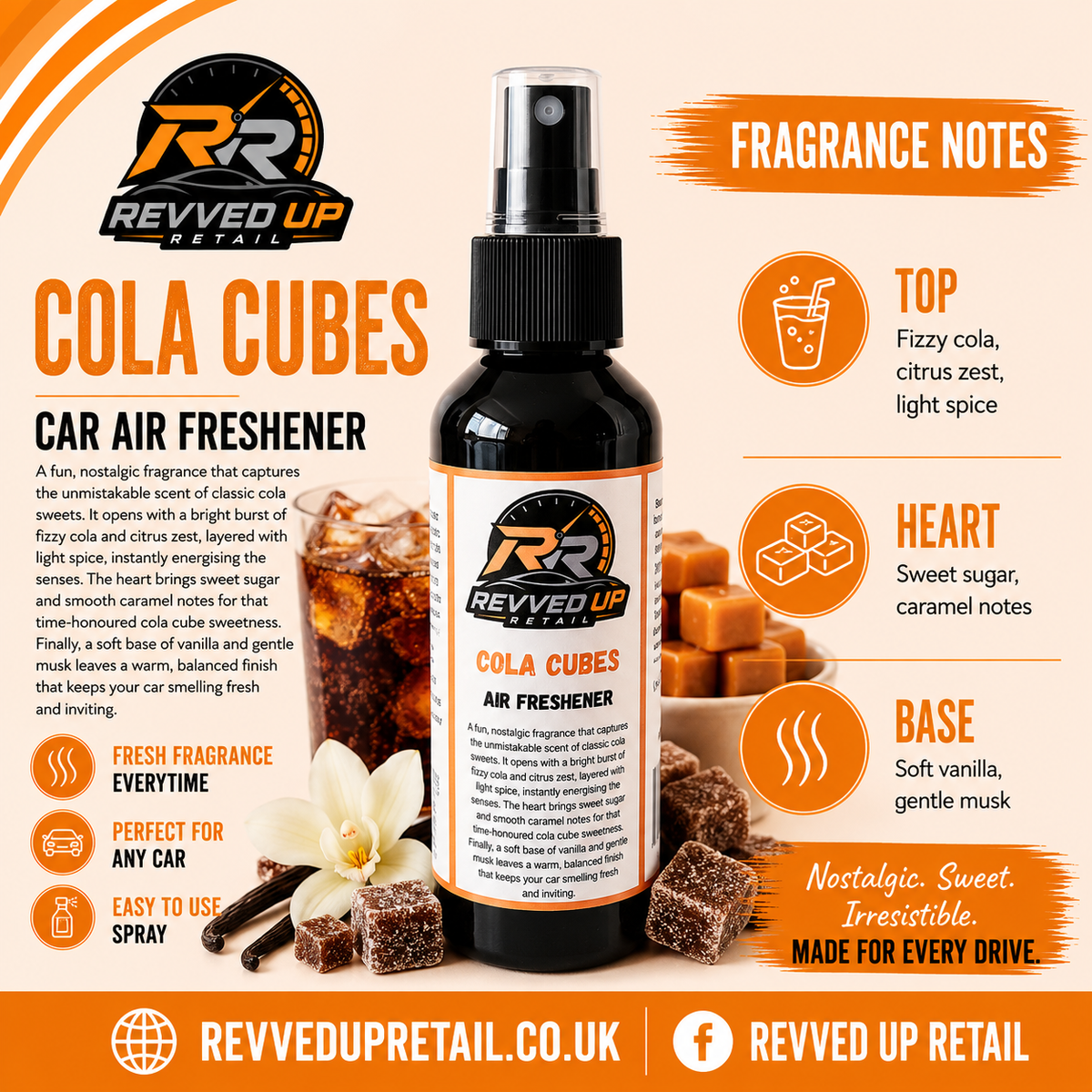 Revved Up Cola Cubes Car Air Freshener bottle in the center of an infographic-style product graphic. The bottle is dark amber glass with a black spray top and a cream-and-orange label.