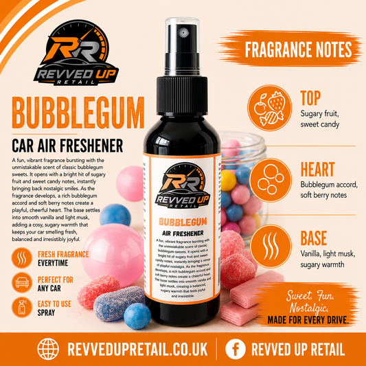 Revved Up Car Air Freshener bottle with a black spray top and white label, shown on a warm orange infographic background with fragrance notes and candy illustrations.
