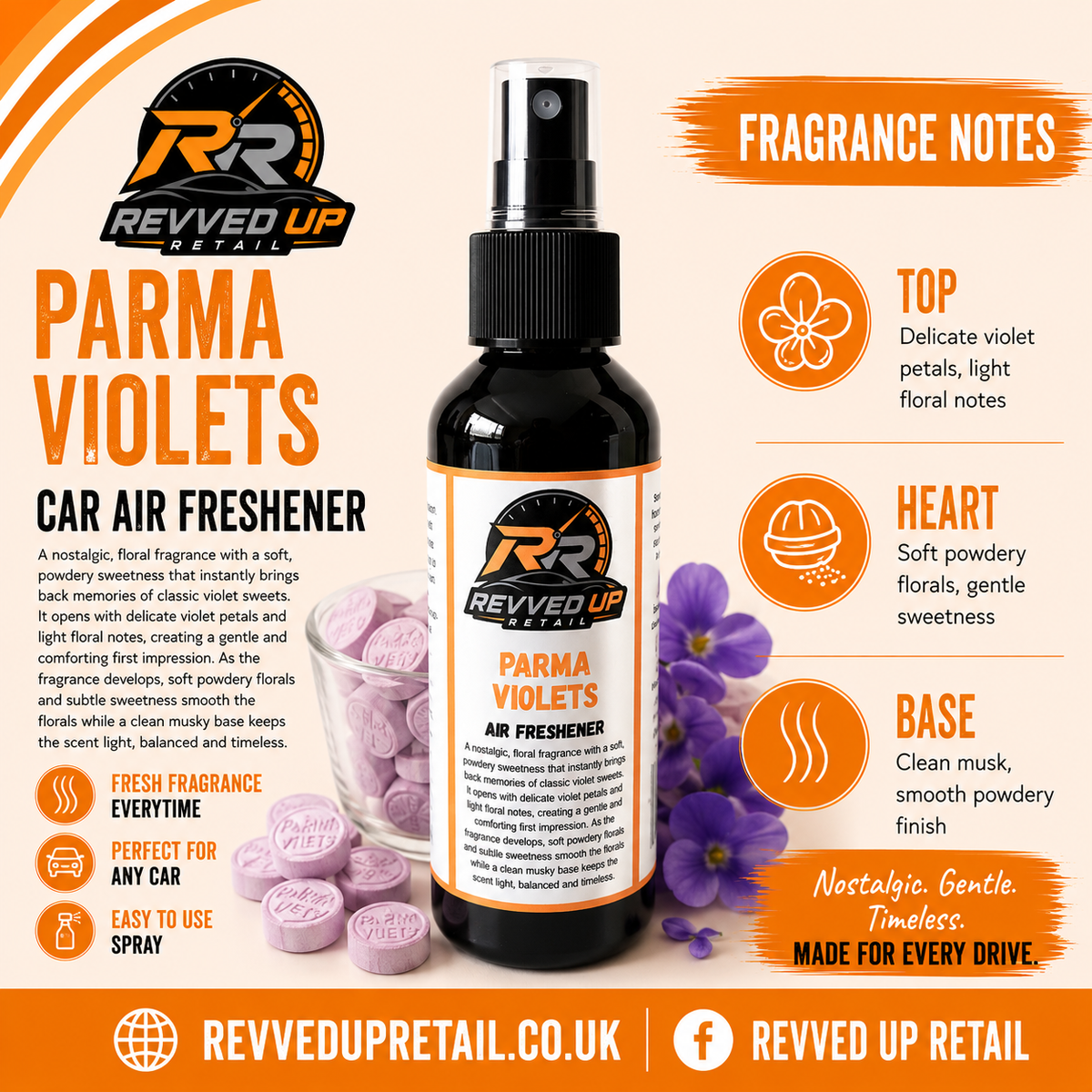 Revved Up Car Air Freshener in 'Parma Violets' scent, shown as a black spray bottle with a white label, surrounded by orange graphic callouts detailing fragrance notes and purple violet flower illustrations.