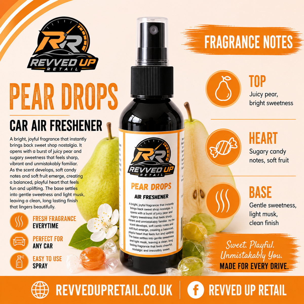 A bottle of Revved Up Retail 'Pear Drops' car air freshener centered on an orange and white promotional graphic with fragrance notes, ingredient imagery, and product text.