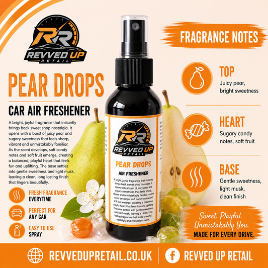 A bottle of Revved Up Retail 'Pear Drops' car air freshener centered on an orange and white promotional graphic with fragrance notes, ingredient imagery, and product text.