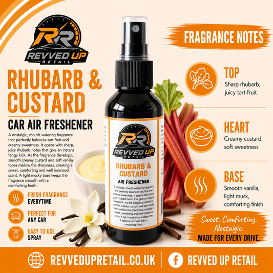 A bottle of Revved Up Rhubarb & Custard Car Air Freshener centered on an orange and beige promotional graphic with fragrance notes, icons, and ingredient imagery including rhubarb, custard, and white flowers.