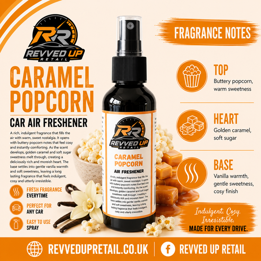 Car air freshener bottle labeled 'Caramel Popcorn' by Revved Up Retail, shown on a warm beige promotional background with fragrance notes, icons, and decorative popcorn and vanilla imagery.