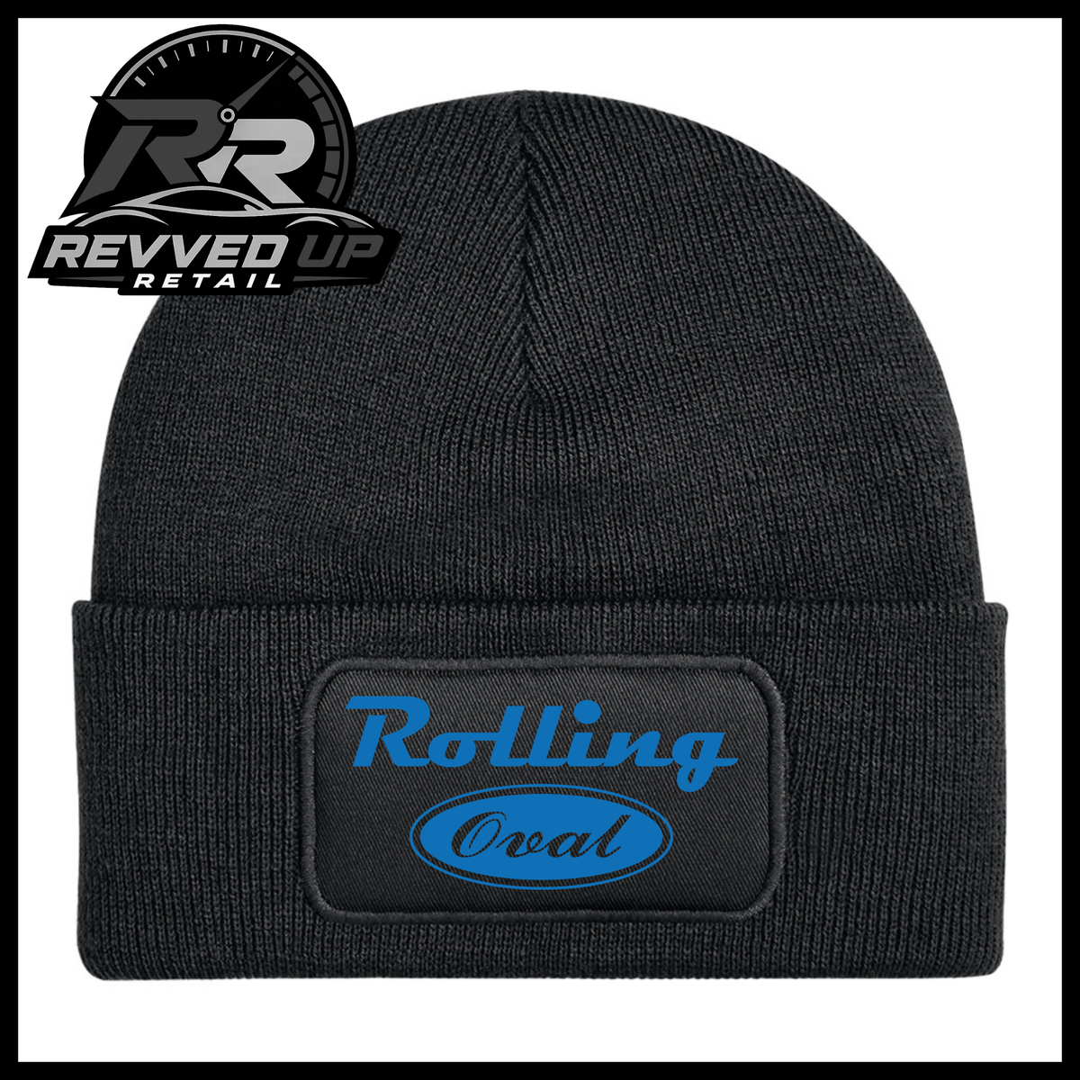 A black ribbed knit beanie with a cuffed brim, featuring a rectangular black patch on the front with the words 'Rolling Oval' in blue. The Revved Up Retail logo is visible in the top-left corner.