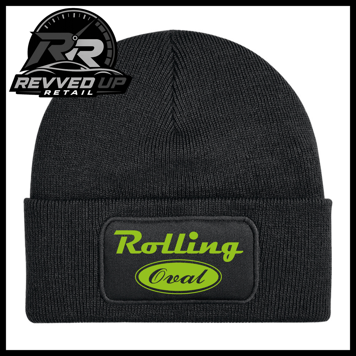 A black ribbed knit beanie with a cuffed brim, featuring a rectangular black patch on the front with a bright green oval logo that reads 'Rolling Oval'. A Revved Up Retail logo watermark is visible in the top-left corner.
