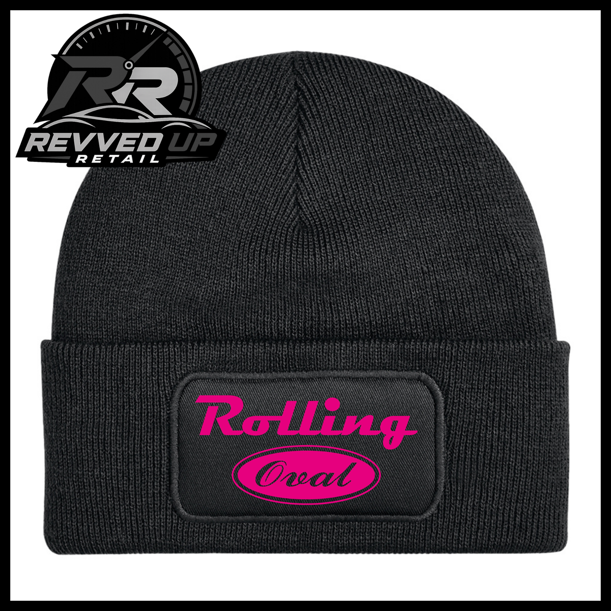 A black ribbed knit beanie with a cuffed brim, featuring a rectangular black patch on the front with a bright pink oval logo that reads 'Rolling Oval' in script. A Revved Up Retail logo watermark is visible in the top-left corner.