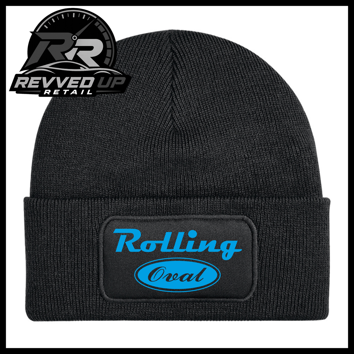 A black ribbed knit beanie with a cuffed brim, featuring a rectangular black patch on the front with the words 'Rolling Oval' in bright blue. The Revved Up Retail logo is displayed in the top-left corner.