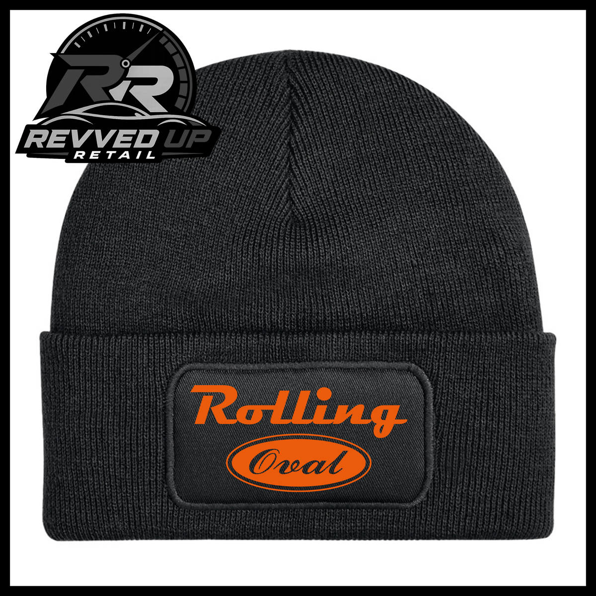A black ribbed knit beanie with a cuffed brim, featuring a rectangular black patch on the front with an orange oval logo that reads 'Rolling Oval'. The image has a Revved Up Retail watermark in the top-left corner.