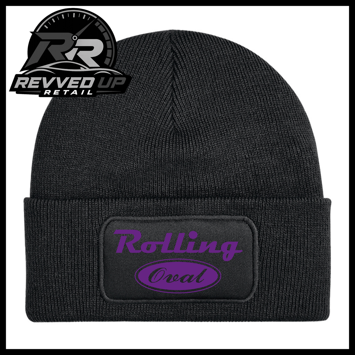 A black ribbed knit beanie with a cuffed brim, featuring a rectangular black patch on the front with the words 'Rolling Oval' in purple. The Revved Up Retail logo is visible in the top-left corner.