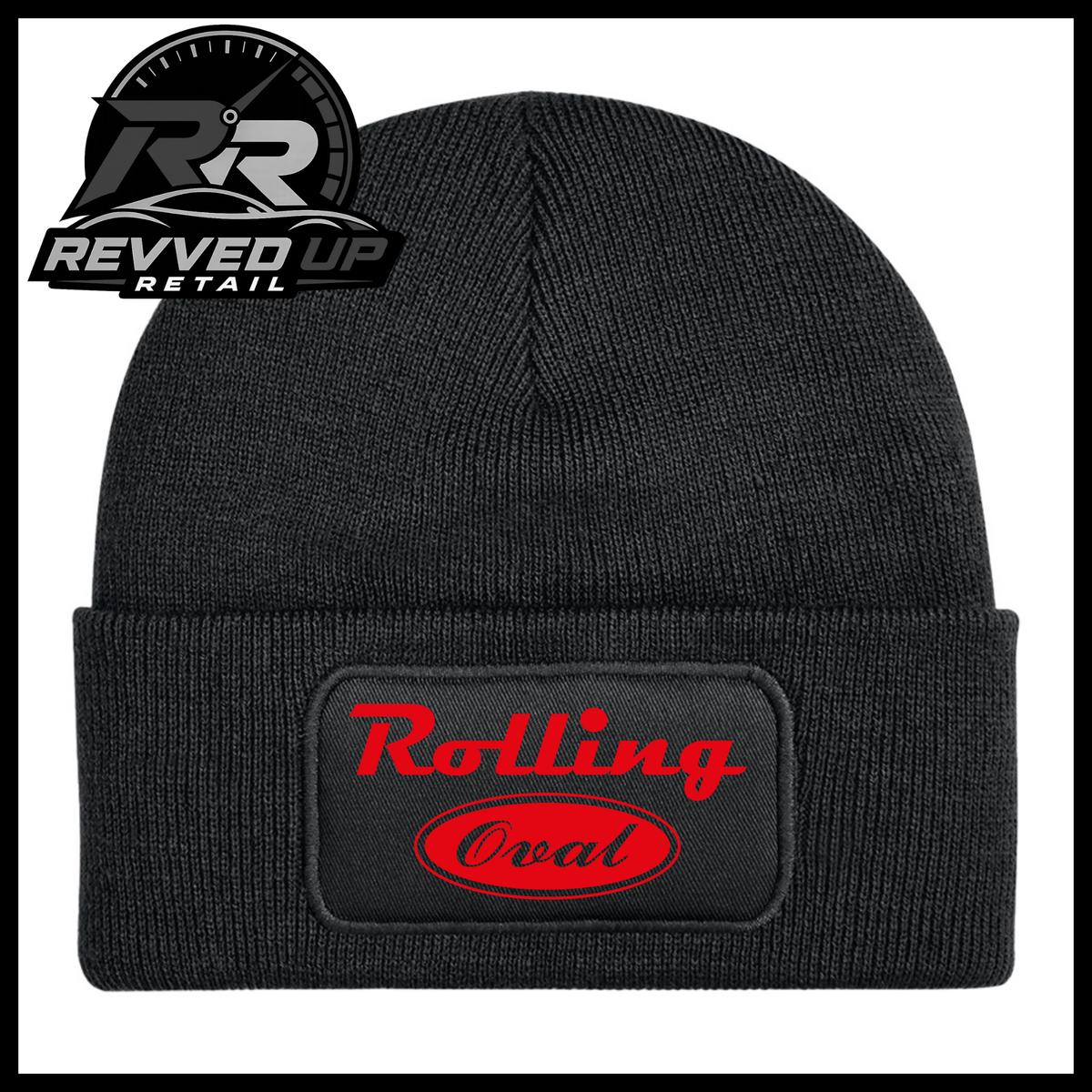 A black ribbed knit beanie with a cuffed brim, featuring a rectangular black patch on the front with the words 'Rolling Oval' in red. The Revved Up Retail logo is visible in the top-left corner.