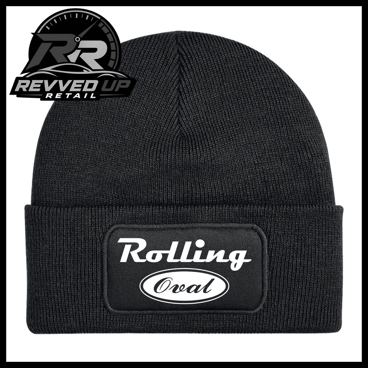 A black ribbed knit beanie hat with a folded cuff featuring a rectangular patch that reads 'Rolling Oval' in white. The Revved Up Retail logo is visible in the top-left corner.