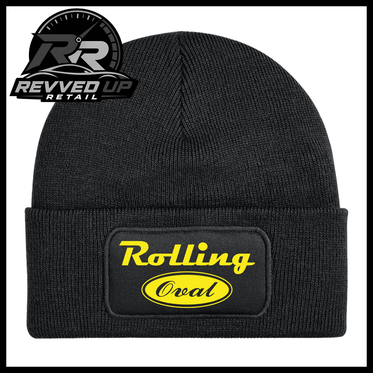 A black ribbed knit beanie with a cuffed brim, featuring a rectangular black patch on the front with a yellow oval logo that reads 'Rolling Oval'. A Revved Up Retail watermark is visible in the top-left corner.