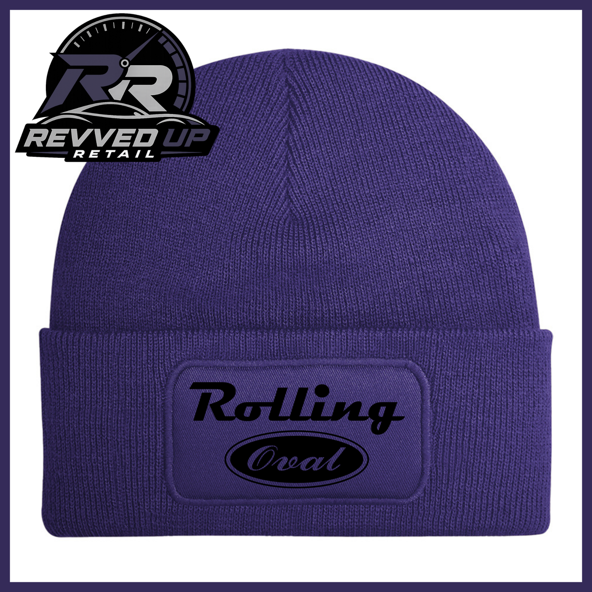A purple ribbed knit beanie with a cuffed brim featuring an oval patch that reads 'Rolling Oval' in black. A Revved Up Retail logo is visible in the top-left corner.
