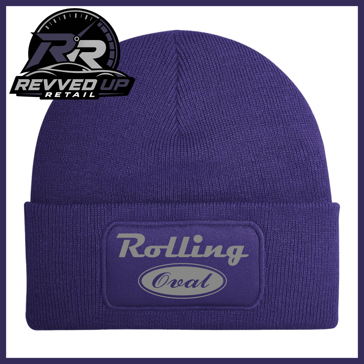 A purple ribbed knit beanie with a cuffed brim featuring an oval patch that reads 'Rolling Oval' in grey. A Revved Up Retail logo is visible in the top-left corner.