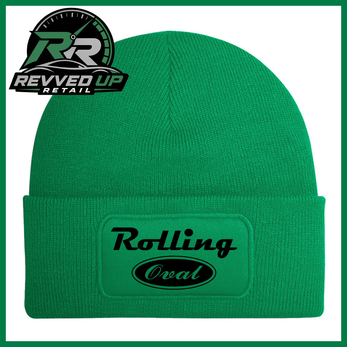 A green ribbed knit beanie with a cuffed brim featuring an oval patch that reads 'Rolling Oval' in black. A Revved Up Retail logo is visible in the top-left corner.
