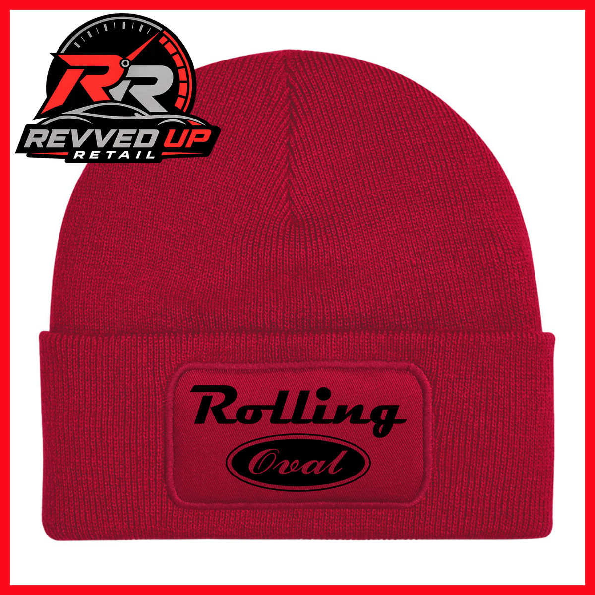 A red ribbed knit beanie with a cuffed brim featuring an oval patch that reads 'Rolling Oval' in black. A Revved Up Retail logo is visible in the top-left corner.
