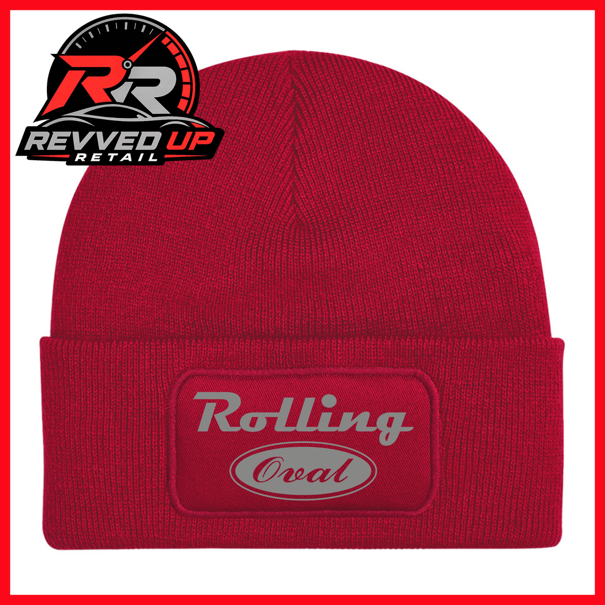A red ribbed knit beanie with a cuffed brim featuring an oval patch that reads 'Rolling Oval' in grey. A Revved Up Retail logo is visible in the top-left corner.