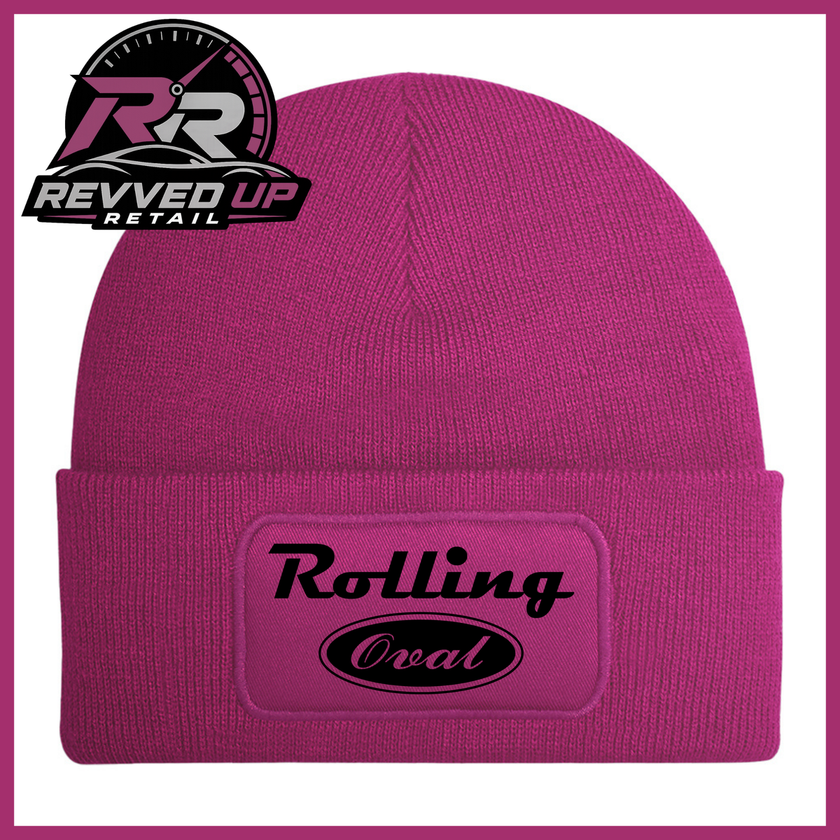 A bright pink ribbed knit beanie hat with a cuffed brim, featuring a rectangular patch on the front that reads 'Rolling Oval' in black. A Revved Up Retail logo is visible in the top-left corner.