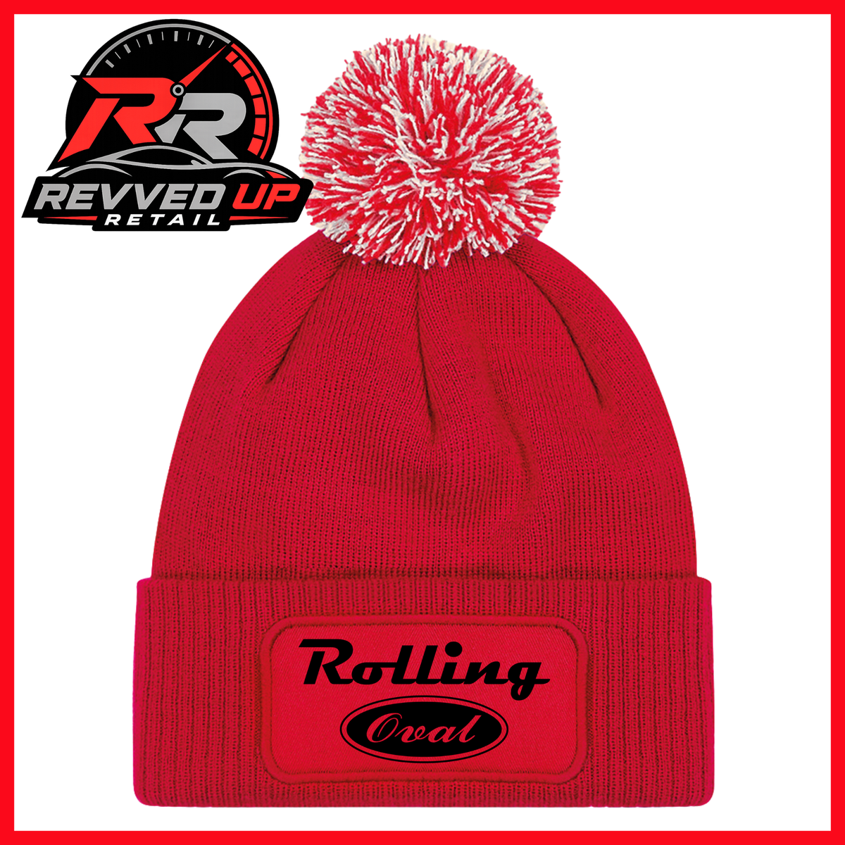 A red knit beanie with a white and red pom-pom on top and a red cuffed front patch reading 'Rolling Oval' in black. A Revved Up Retail logo appears in the upper left corner.