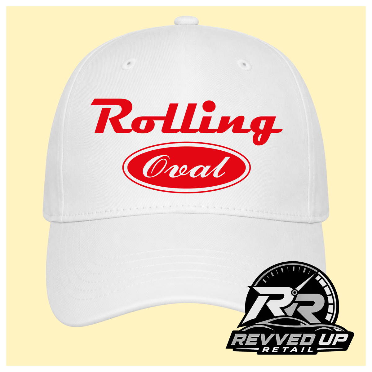 A white baseball cap with red text reading 'Rolling Oval' on the front, shown against a pale yellow background with a Revved Up Retail logo in the bottom right corner.