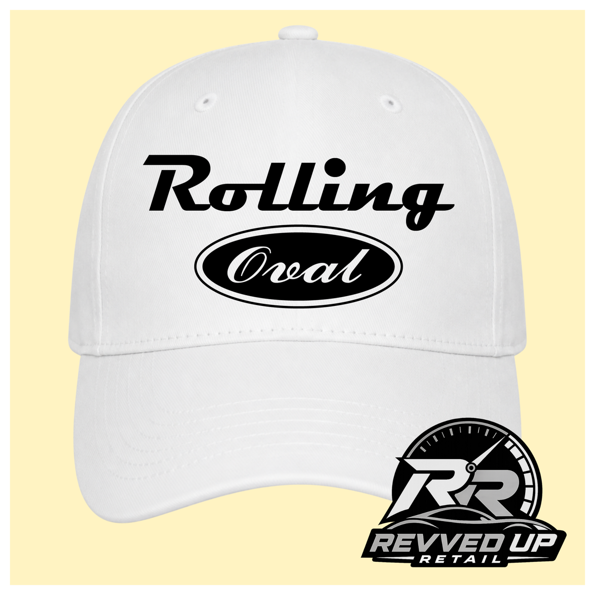 A white baseball cap with black text reading 'Rolling Oval' on the front, shown against a pale yellow background with a Revved Up Retail logo in the bottom right corner.