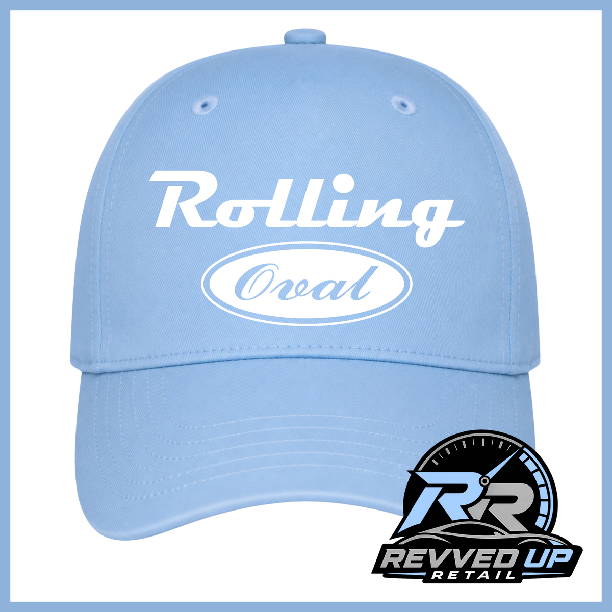 A light blue baseball cap with 'Rolling Oval' on the front in white and white background. A Revved Up Retail logo is overlaid in the bottom right corner.