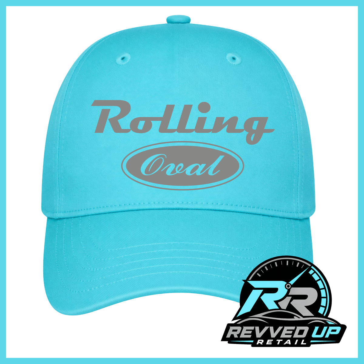 A bright turquoise baseball cap with a grey 'Rolling Oval' logo on the front, shown against a white background with a turquoise border. A Revved Up Retail logo is visible in the bottom right corner.