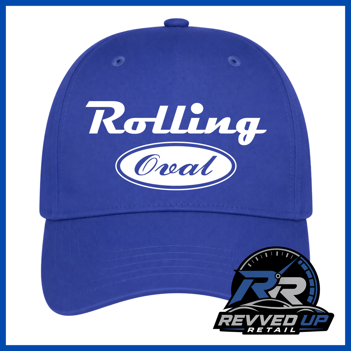 A royal blue baseball cap with 'Rolling Oval' printed in white on the front, shown against a white background with a blue border. A Revved Up Retail logo is visible in the bottom right corner.