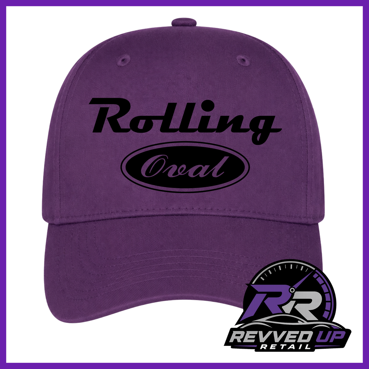 A purple baseball cap with a black 'Rolling Oval' logo on the front, shown against a white background with a purpleborder. A Revved Up Retail logo is visible in the bottom right corner.