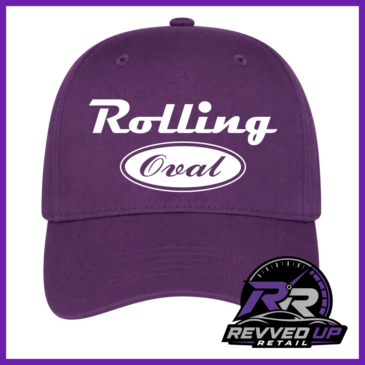 A purple baseball cap with a white 'Rolling Oval' logo on the front, shown against a white background with a purple border. A Revved Up Retail logo is visible in the bottom right corner.