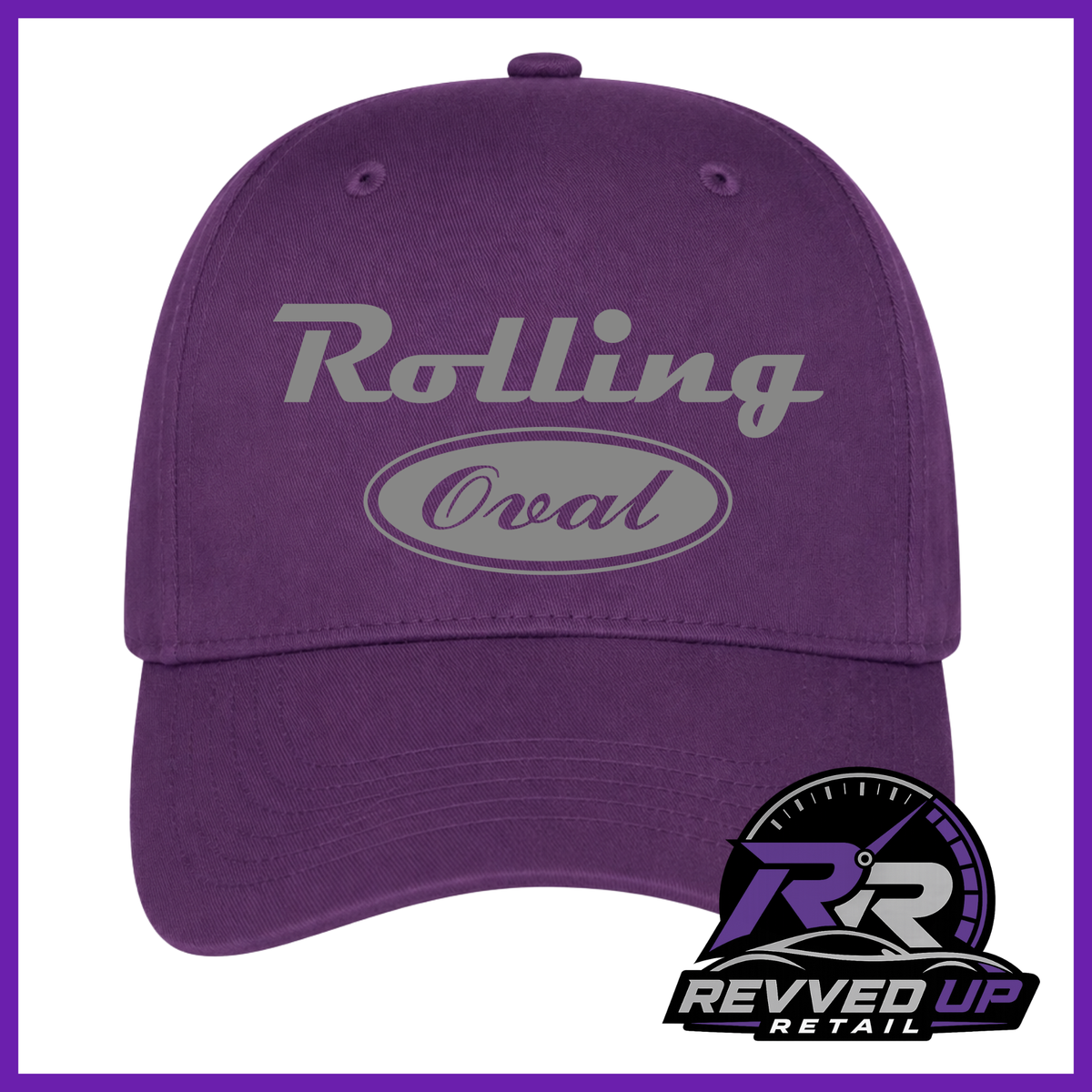 A purple baseball cap with a grey 'Rolling Oval' logo on the front, shown against a white background with a purple border. A Revved Up Retail logo is visible in the bottom right corner.