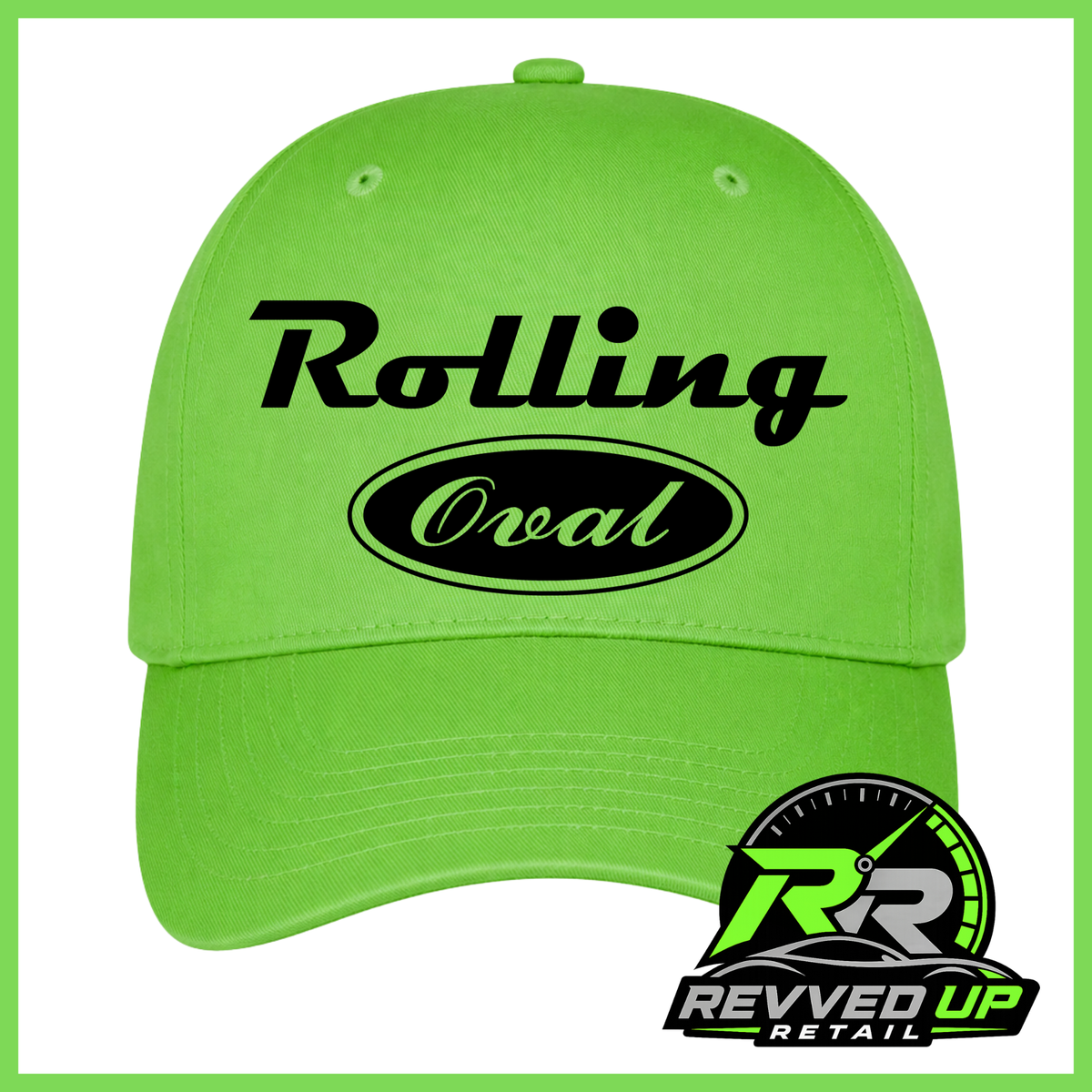 A bright lime green baseball cap with 'Rolling Oval' printed in black on the front, shown against a white background with a green border. A Revved Up Retail logo is visible in the bottom right corner.