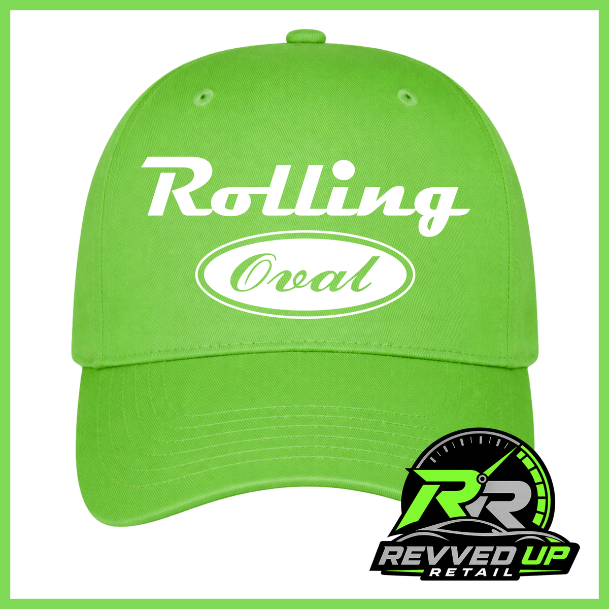 A bright lime green baseball cap with 'Rolling Oval' printed in white on the front, shown against a white background with a green border. A Revved Up Retail logo is visible in the bottom right corner.