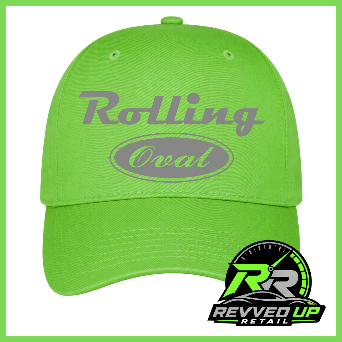 A bright lime green baseball cap with a grey 'Rolling Oval' logo on the front, shown against a white background with a green border. A Revved Up Retail logo is visible in the bottom right corner.