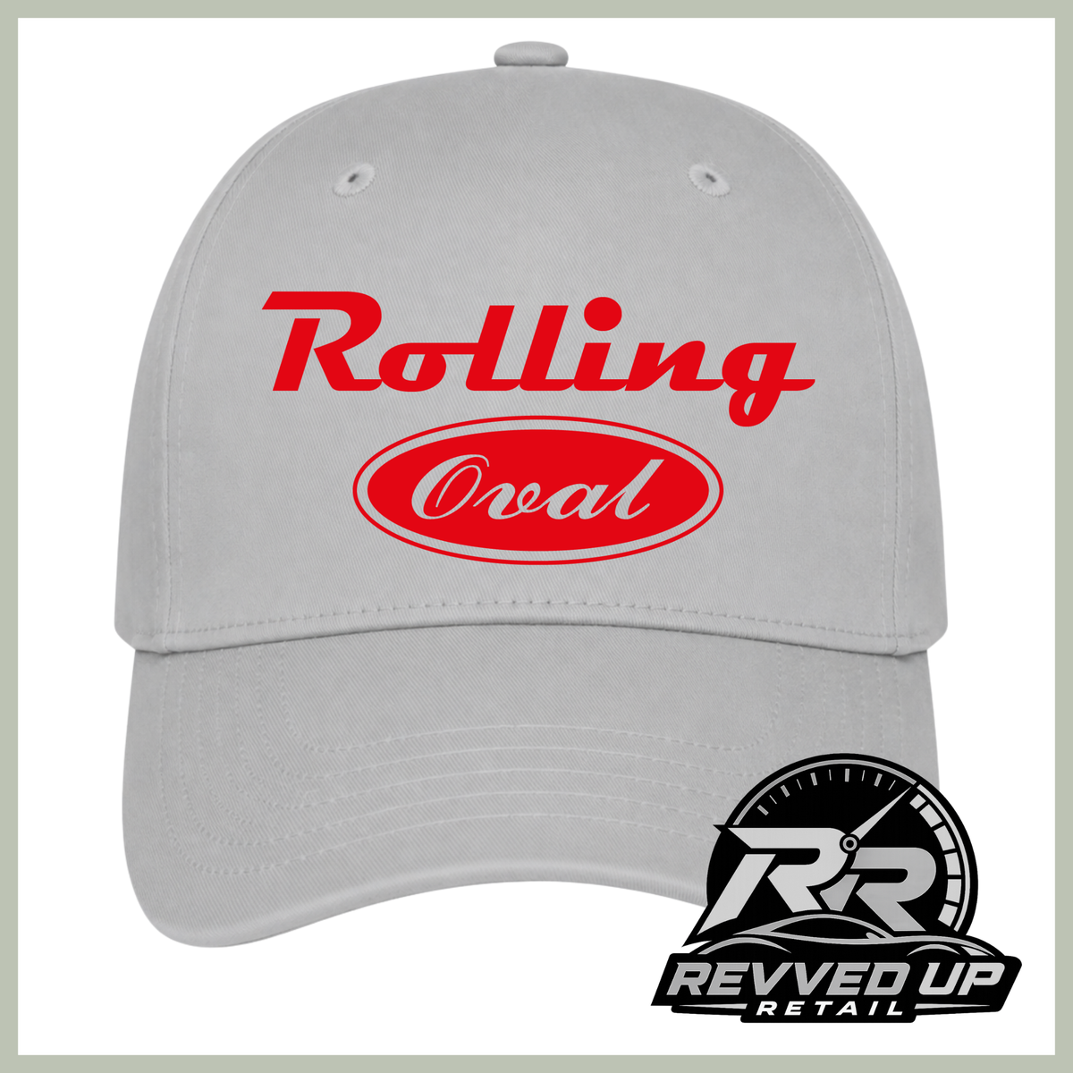 A light gray baseball cap featuring a red 'Rolling Oval' logo on the front. A black and white 'Revved Up Retail' logo is positioned in the bottom right corner.