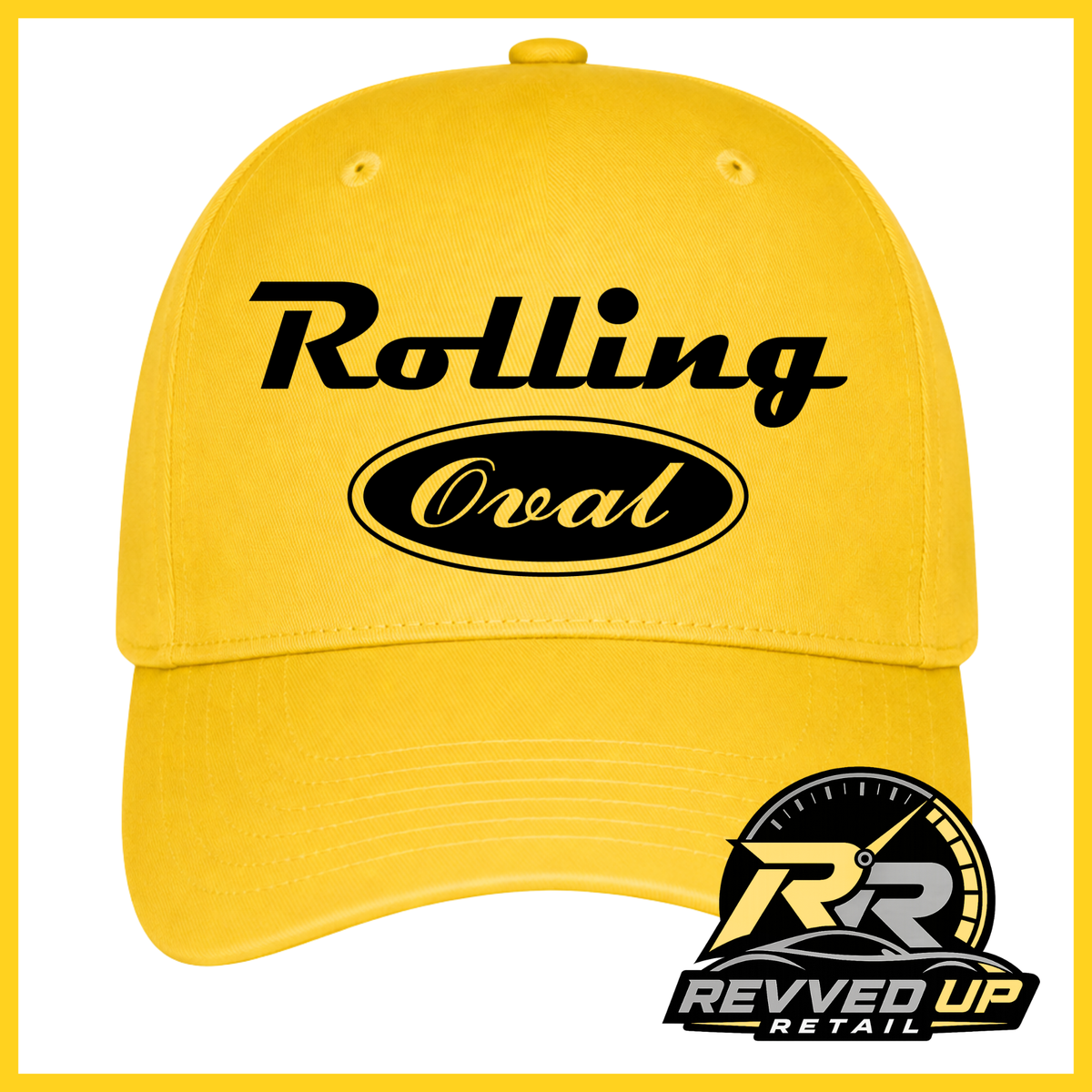 A bright yellow baseball cap with 'Rolling Oval' printed in black on the front, shown against a white background with a yellow border. A Revved Up Retail logo is visible in the bottom right corner.
