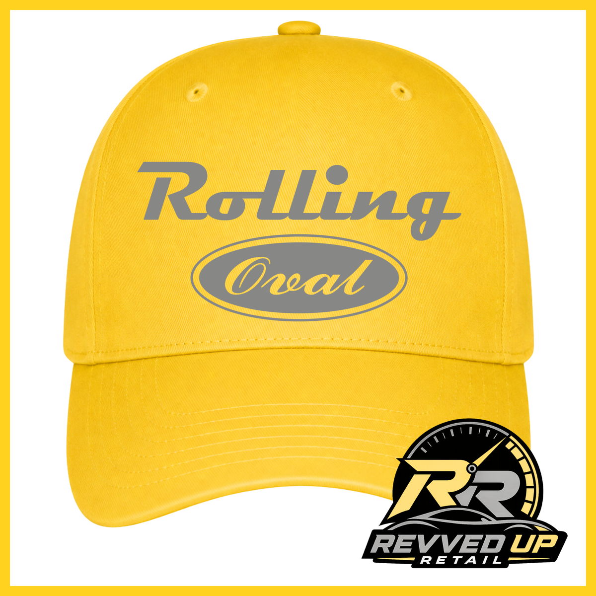 A bright yellow baseball cap with a grey 'Rolling Oval' logo on the front, shown against a white background with a yellow border. A Revved Up Retail logo is visible in the bottom right corner.