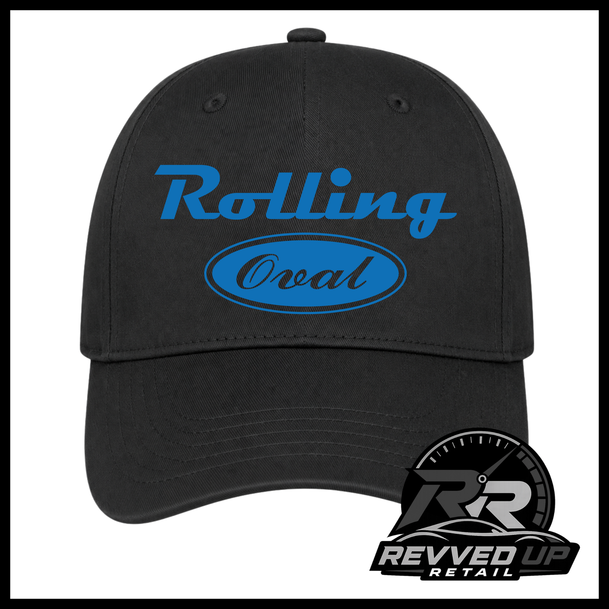 A black baseball cap featuring a blue 'Rolling Oval' logo on the front. The image is framed with a black border, and a 'Revved Up Retail' logo watermark is visible in the bottom right corner.