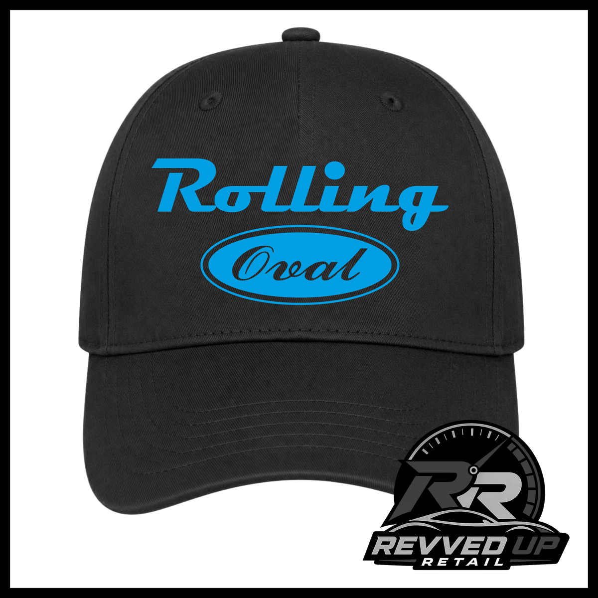 A black baseball cap featuring a light blue 'Rolling Oval' logo on the front. The image is framed with a black border, and a 'Revved Up Retail' logo watermark is visible in the bottom right corner.