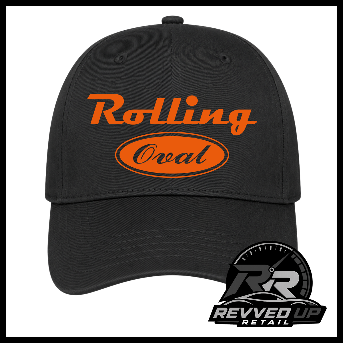 A black baseball cap featuring a orange 'Rolling Oval' logo on the front. The image is framed with a black border, and a 'Revved Up Retail' logo watermark is visible in the bottom right corner.