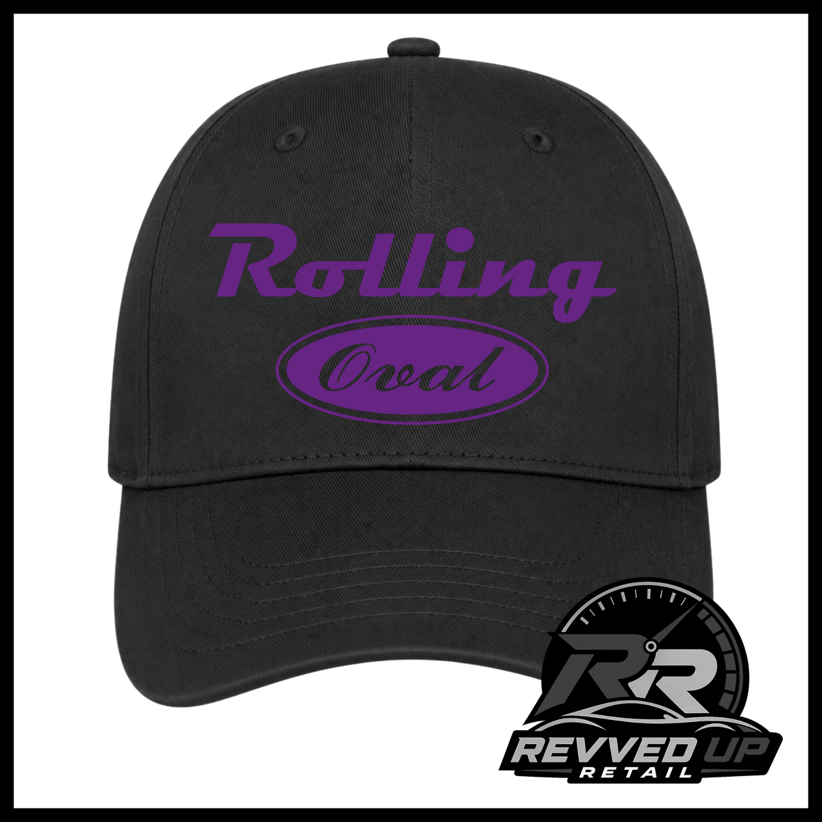 A black baseball cap featuring a purple 'Rolling Oval' logo on the front. The image is framed with a black border, and a 'Revved Up Retail' logo watermark is visible in the bottom right corner.