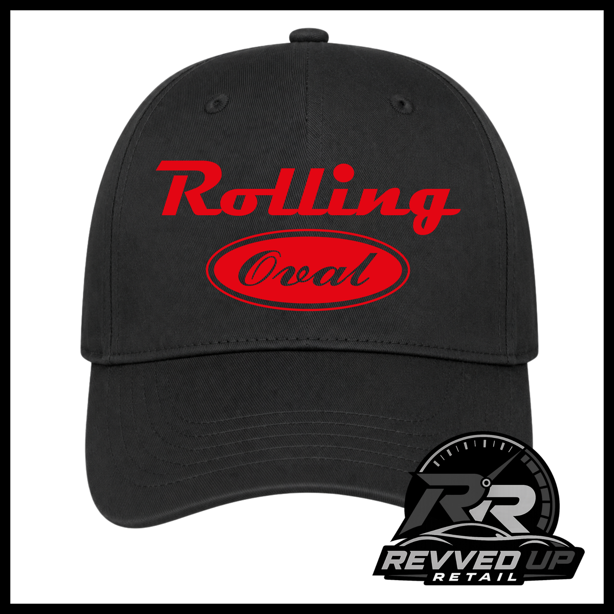 A black baseball cap featuring a red 'Rolling Oval' logo on the front. The image is framed with a black border, and a 'Revved Up Retail' logo watermark is visible in the bottom right corner.
