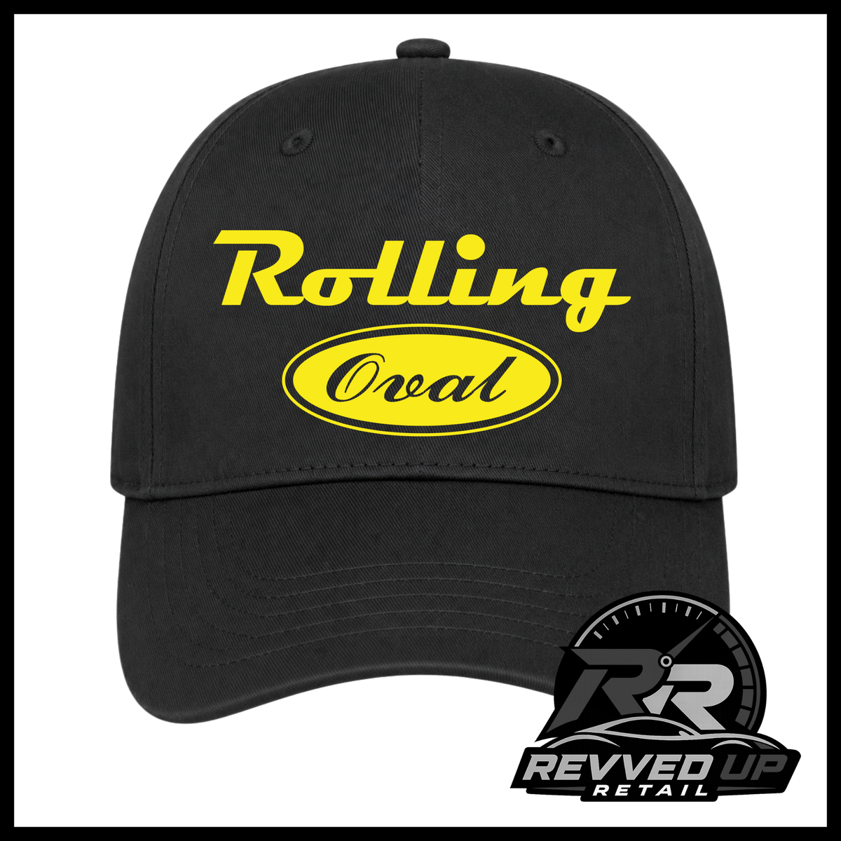 A black baseball cap featuring a yellow 'Rolling Oval' logo on the front. The image is framed with a black border, and a 'Revved Up Retail' logo watermark is visible in the bottom right corner.