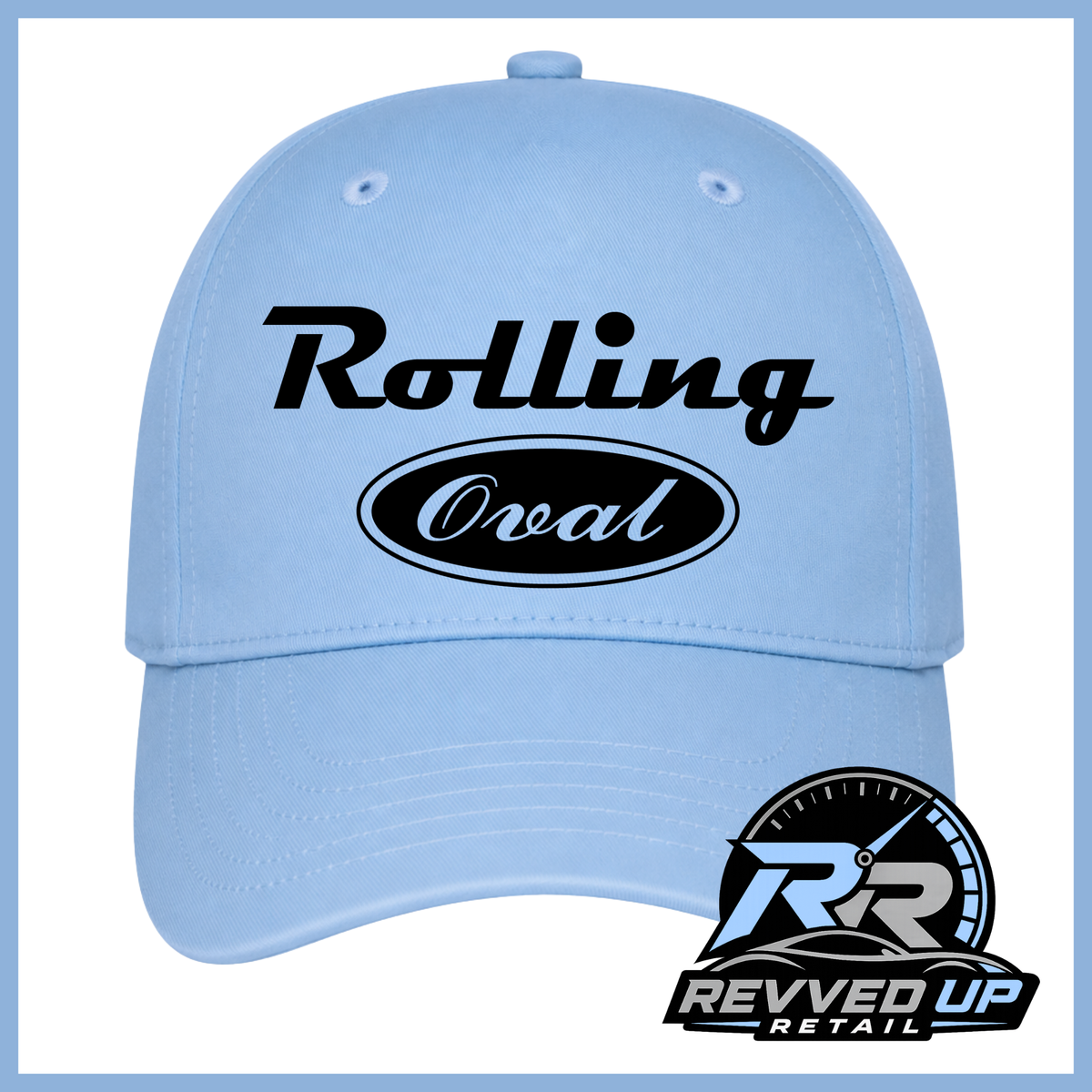 A light blue baseball cap with 'Rolling Oval' on the front in black. A Revved Up Retail logo is overlaid in the bottom right corner.