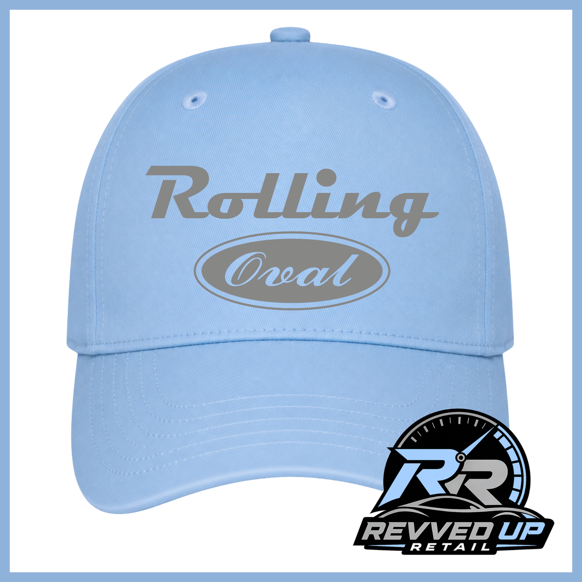 A light blue baseball cap with 'Rolling Oval' printed in grey on the front, shown against a white background with a blue border. A Revved Up Retail logo is visible in the bottom right corner.