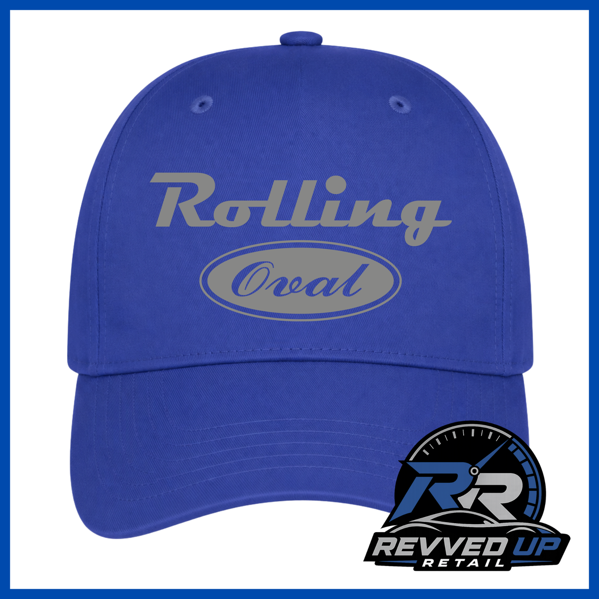 A royal blue baseball cap with 'Rolling Oval' printed in grey on the front, shown against a white background with a blue border. A Revved Up Retail logo is visible in the bottom right corner.